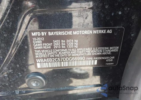 2013 BMW 650I Gran Coupe z USA, uszkodzony, nr VIN WBA6B2C57DDG66990